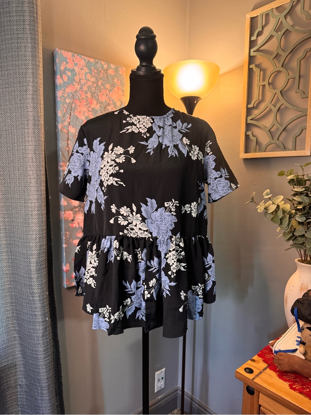 ASOS Maternity Black Peplum Top with Light Blue Floral Print